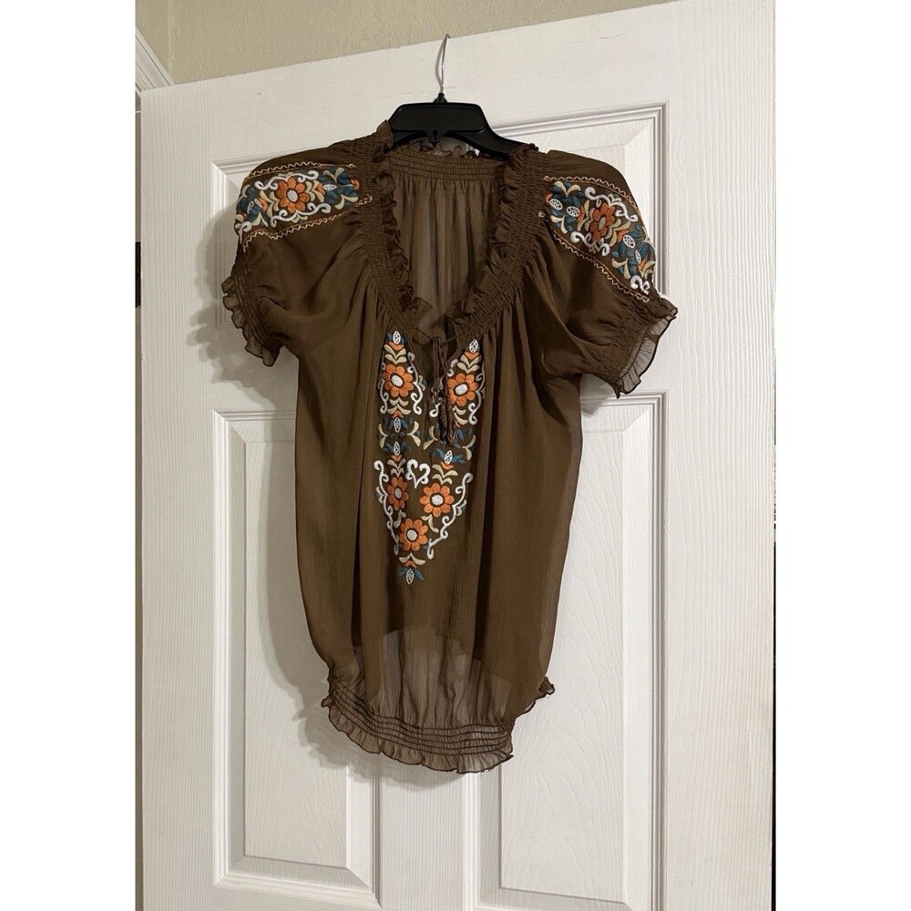 Women’s Brown Boho Peasant Blouse Floral Embroidered Sheer Ruffle Puff Sleeve